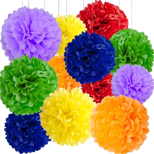 Vista 10 de BRZIKWT 12 pompones de papel de seda de punto ondulado degradado negro y dorado para fiesta, techo, colgar en la pared, decoración de flores
