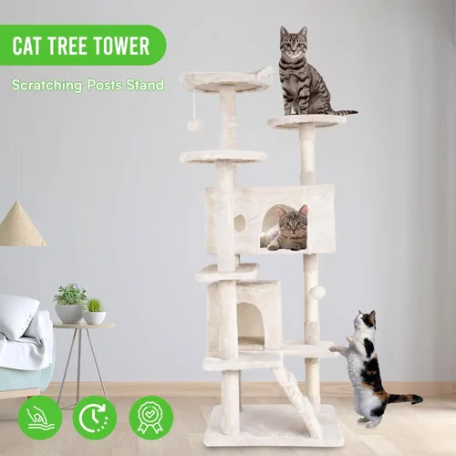Vista 4 de 24/7 Shop at Home Court - Torre de árbol para gatos de varios niveles de 54 pulgadas con bola colgante y postes rascadores para gatos
