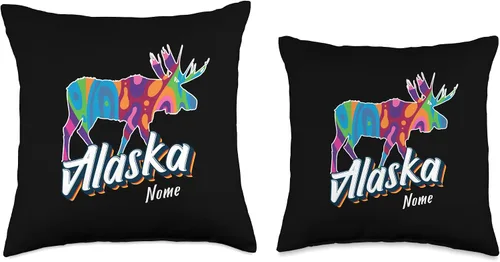 Vista 3 de Nome Alaska USA Colorful Moose Art Vacation Souvenir Throw Pillow