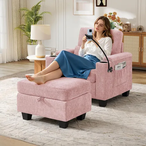 Vista 11 de Chaise Lounge Chair para interiores con puerto USB y soporte para teléfono, sillón reclinable pequeño de felpilla con otomana de almacenamiento
