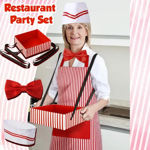 Vista 7 de SATINIOR 8 piezas de disfraz de camarero para adultos, incluyendo bandeja de aperitivos de noche de película, sombrero de chef, delantal, pajarita