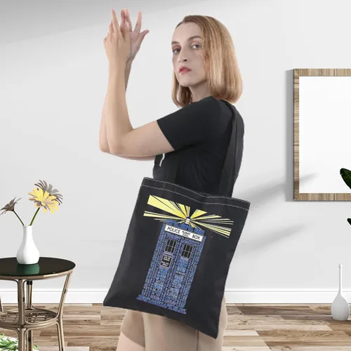 Vista 5 de LEVLO Dr Who Tote Bag Doctor TV Show Fans Regalo Policía Caja Tema Reutilizable Bolsa de Comestibles Caja de Policía Mercancía