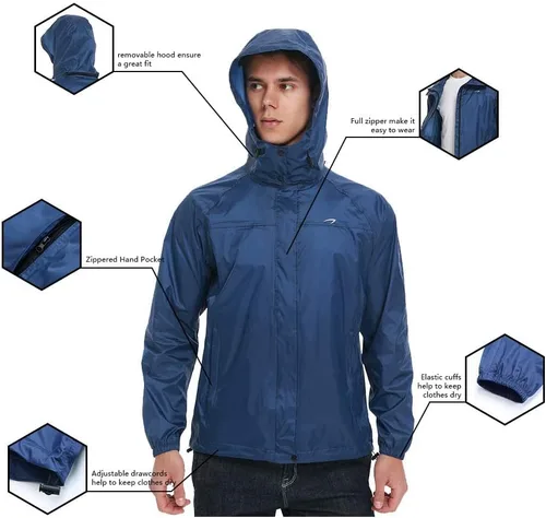 Vista 6 de KPSUN Chamarras impermeables para hombre, ligeras, cortavientos para ciclismo, correr, con capucha extraíble