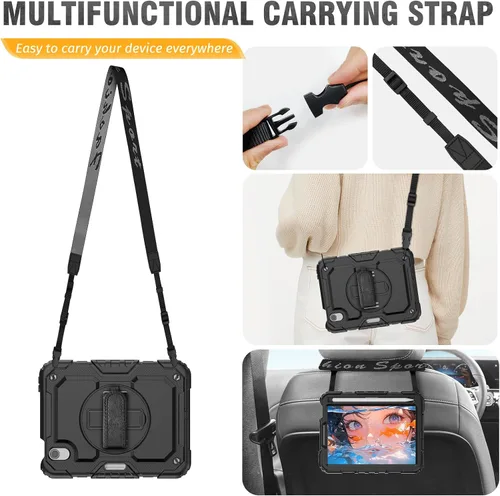 Vista 6 de HXCASEAC Funda para iPad mini 7 (A17 Pro)/iPad mini 6 de 8.3 pulgadas, protección de cuerpo completo con correa de transporte, correa de mano