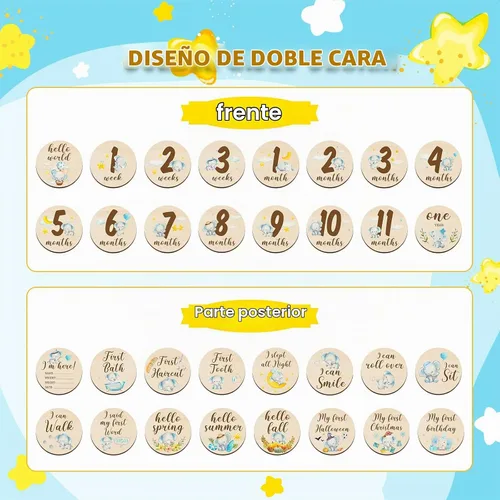 Vista 3 de Tiamon 16 tarjetas mensuales para bebé de madera, elefante azul