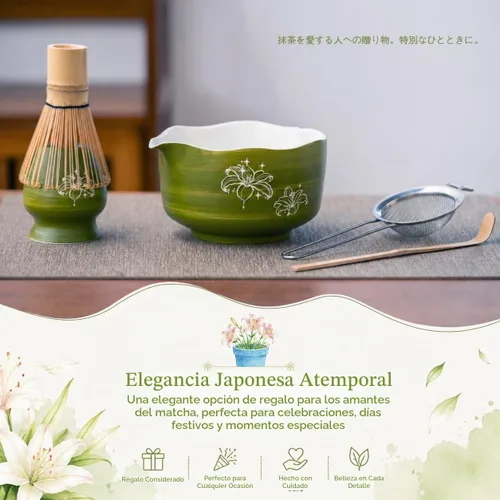 Vista 6 de Buucup Juego de matcha, 5 piezas de aguacate verde matcha con cuenco en forma de corazón con boquilla, batidor de bambú, cuchara, tamiz y soporte