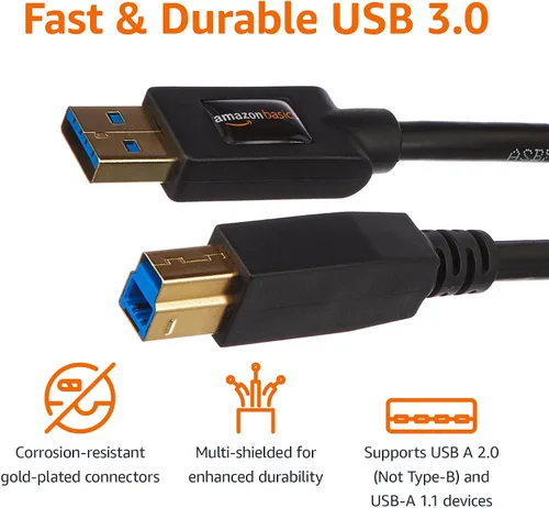 Vista 5 de Amazon Basics Cable USB-A a USB-B 3.0, 4.8Gbps de alta velocidad con enchufes chapados en oro, 6 pies, negro