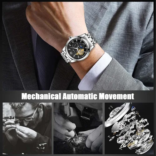 Vista 4 de RORIOS Reloj para hombre luminoso reloj mecánico automático con correa de acero inoxidable Tourbillon impermeable relojes de pulsera