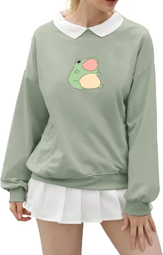 Vista 4 de KIEKIECOO Linda sudadera estética de rana para adolescentes y niñas, sudadera con capucha con gráficos de dibujos animados Kawaii para mujer
