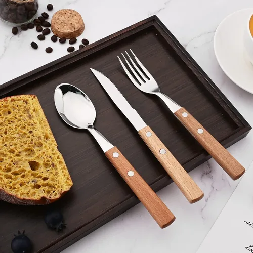 Vista 8 de Juego de cubiertos de madera de acero inoxidable 304 con mango ancho, juego de cubiertos de madera duradera, utensilios reutilizables, espejo