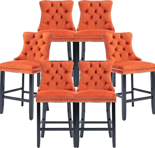 Vista 13 de Taburetes de bar tapizados de terciopelo modernos de 27 pulgadas con patas de madera, botón con cabeza de clavo cromada, taburetes de bar con Beige