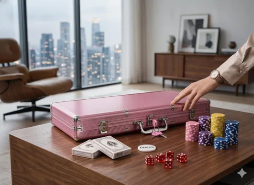 Vista 4 de Juego de fichas de póquer de 500 piezas con funda de transporte de aluminio rosa, fichas de dados estilo casino de 0.43 oz para Texas Hold'em