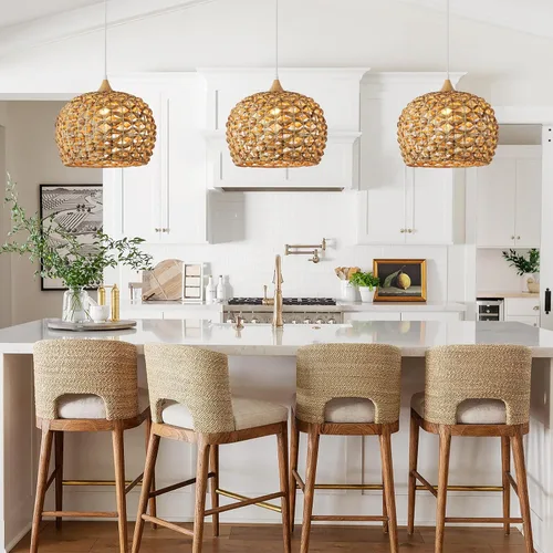 Vista 5 de Luces Colgantes Bohemias, Candelabro de Ratán de 1 Luz de 15.7", Luz Colgante de Mimbre Tejida a Mano con Pantalla de Jacinto de Agua, Luz Colgante
