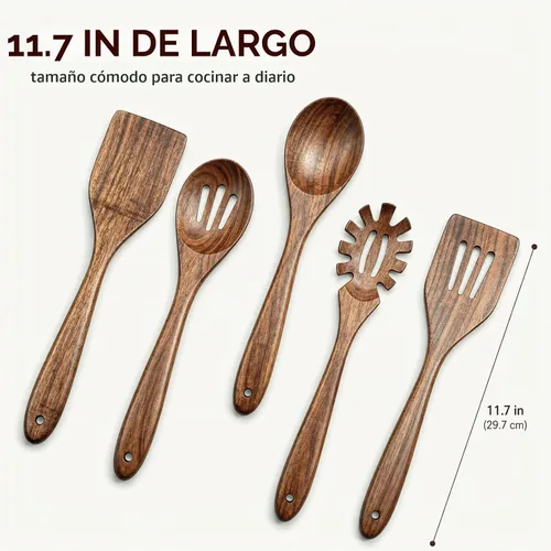 Vista 2 de KITEISCAT Cucharas de madera de acacia para cocinar: juego de utensilios de cocina y cocina de 5 piezas - espátula de madera, cuchara ranurada