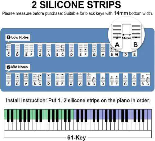Vista 4 de Pegatinas para teclado de piano, etiquetas extraíbles de silicona para 61 teclas, color negro Reusable Silicone Piano Key Labels For Beginners