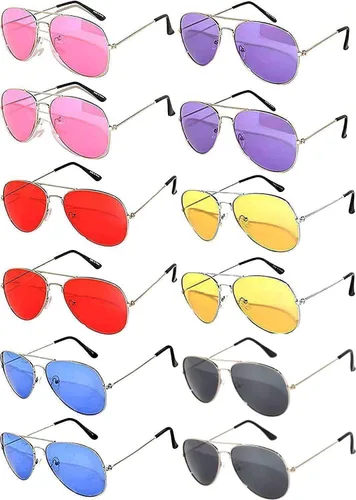 Vista 2 de OWL Paquete de 12 lentes de sol de aviador a granel de metal dorado, plateado, marco negro para hombres y mujeres, gafas de fiesta