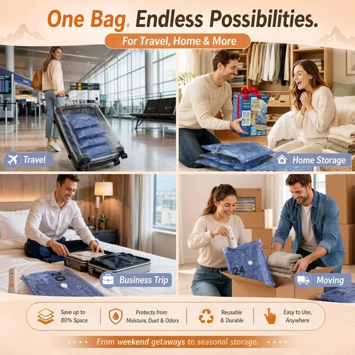 Vista 7 de QcoQce Bolsas inalámbricas de almacenamiento al vacío con bomba, paquete de 12 (2 L/4 M/4 S/2 bono), bolsas de ahorro de espacio para viajes