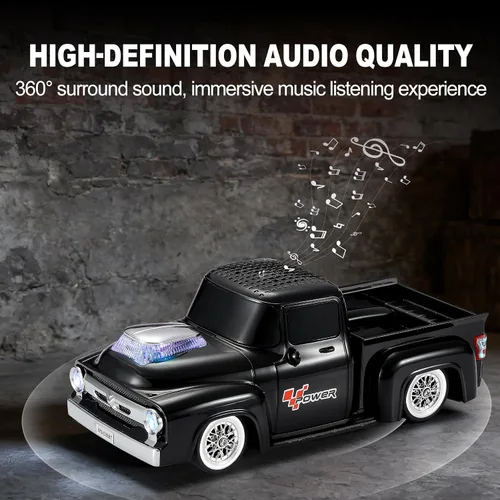 Vista 4 de Altavoz Bluetooth para camioneta vintage, modelo de camión retro con sonido HD, micrófono integrado, luces LED de fiesta, doble emparejamiento TWS