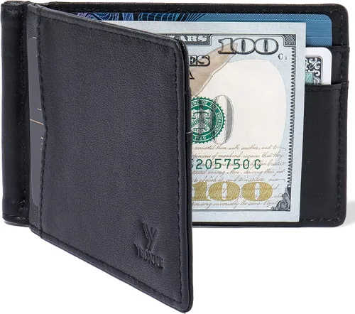 Vista 7 de YBONNE - Cartera fina con clip para dinero, de cuero auténtico, bloqueo RFID, minimalista
