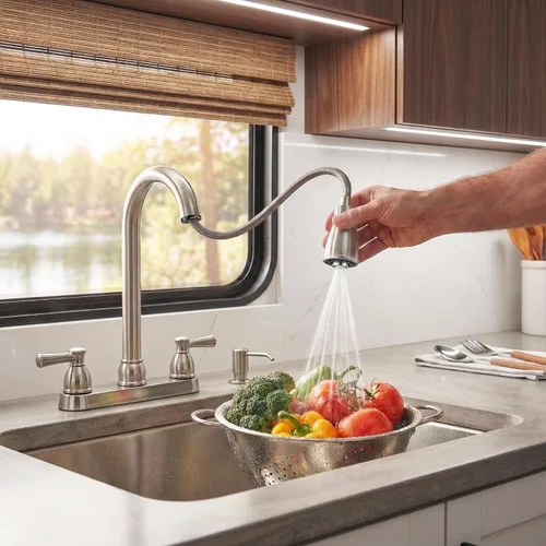 Vista 4 de Llave para fregadero de cocina Dura Faucet, llave de reemplazo no metálica con doble palanca para casas rodantes, caravana quinta rueda
