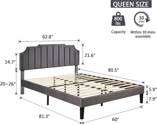 Vista 2 de VECELO Base de cama tapizada tamaño Queen con cabecera ajustable copetuda, base de colchón, soporte de listones de madera, fácil montaje, gris oscuro