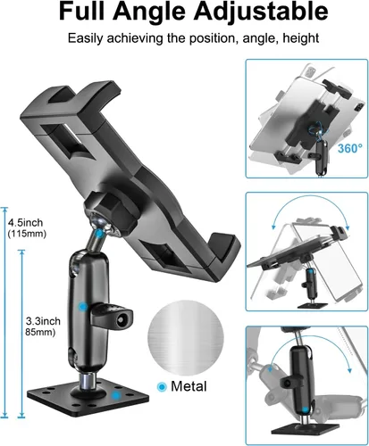 Vista 3 de Soporte para tablet con base de taladro resistente para coche/camión – [brazo ajustable de 360° de metal] Soporte de tablero de instrumentos