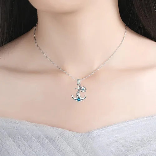 Vista 2 de JUFU 925 Collar náutico corazón del océano azul de plata esterlina ancla y timón., Base con chapado de oro, Azul, JUFU