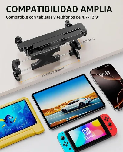 Vista 6 de Soporte para tablet para reposacabezas de automóvil [brazo de extensión resistente 3 en 1] Soporte ajustable para iPad para asiento trasero