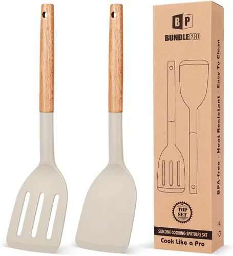 Vista 9 de Paquete de 2 espátulas de cocina de silicona, espátulas sólidas resistentes al calor, espátulas ranuradas antiadherentes con mango corto de madera