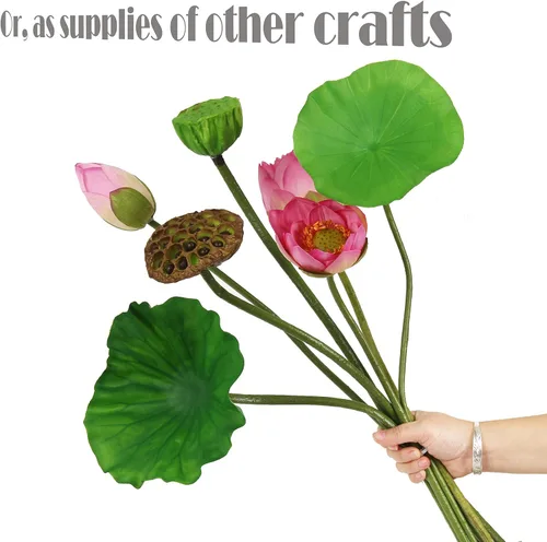 Vista 5 de Flores de loto artificiales, de 24 a 31 pulgadas, 7 tallos de plantas de loto, incluyendo flor de loto, brotes de loto, vainas de loto, hojas