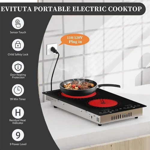 Vista 2 de Estufa eléctrica, estufa eléctrica de 2 quemadores con pantalla táctil LED, 9 niveles de calefacción, temporizador, bloqueo para niños, aislamiento