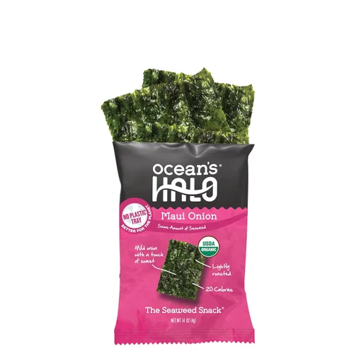 Vista 6 de Ocean's Halo Snacks de algas orgánicas – Cebolla Maui, sin bandeja, veganos, crujientes salados, paquete de 20 (0.14 onzas cada uno)