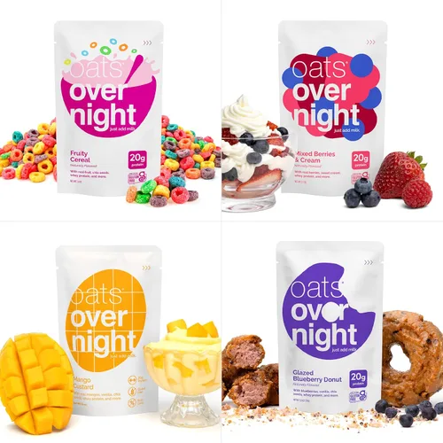 Vista 8 de Oats Overnight Paquete de variedad de frutas - Batido proteico de desayuno alto en proteínas y fibra - Avena sin gluten, sin OGM alto en proteínas