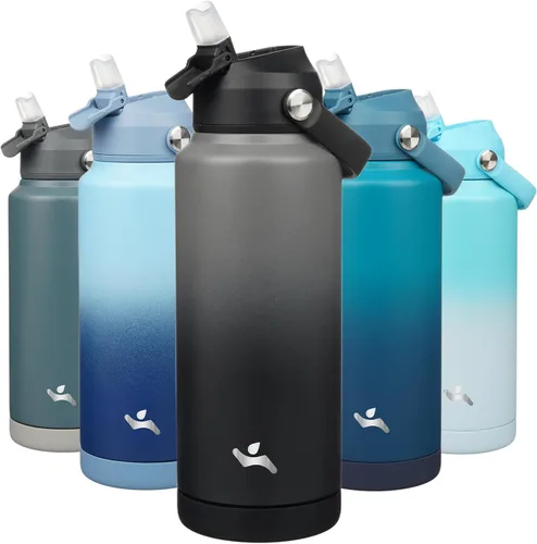 Vista 14 de Konokyo Botella de agua aislada con tapa de pajilla, botella de metal al vacío de acero inoxidable de 18 onzas con mango de silicona, color negro