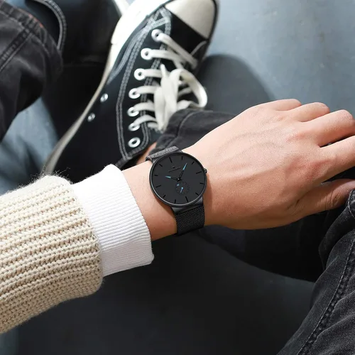 Vista 6 de Tonnier - Reloj de acero inoxidable estilizado para hombre, manecillas de reloj cóncavas, esfera de segundero independiente