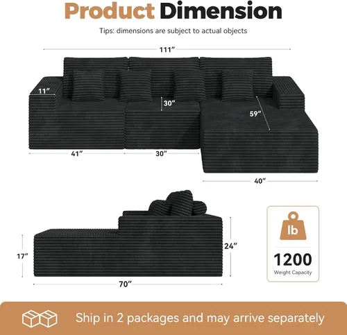 Vista 2 de Sofás modulares seccionales de nube de 111 pulgadas con chaise en forma de L, sofá sin estructura tapizado de asiento profundo para sala de estar