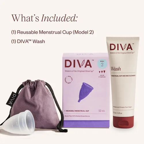 Vista 2 de Diva Cup & Diva Wash Combo Pack – Taza de silicona de grado médico para el cuidado del período – Copa menstrual reutilizable – Limpiador para copa