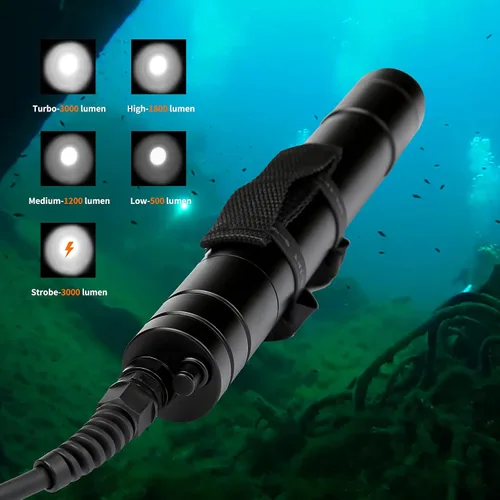 Vista 4 de WD70 - Luz de buceo con recipiente – Kit de linterna técnica de buceo ultra brillante de 3000 lúmenes con mango Goodman ajustable, 5 modos de luz