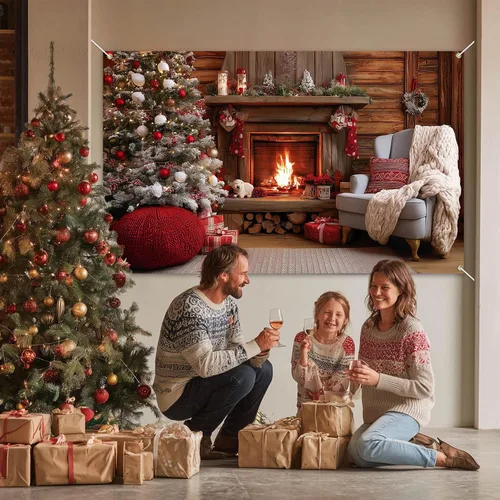 Vista 2 de HOMETITUTE Cartel navideño para chimenea de 71 x 43 pulgadas, acogedor telón de fondo navideño con adornos para árbol de Navidad, fondo cálido fuego
