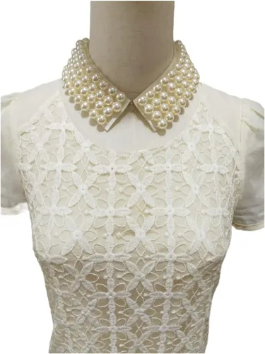 Vista 5 de Vpang - Elegante collar de perlas desmontables con capas de perlas, cuello alto, gargantilla de Peter Pan, collar falso, accesorio de tela, Perla