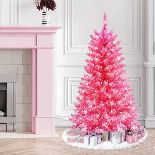 Vista 2 de Puleo International - Árbol de Navidad artificial preiluminado de 4 pies, pino rosa de moda con 150 luces claras, 196 puntas de ramas densas