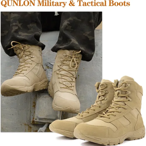 Vista 5 de QUNLON Botas de combate militares tácticas ligeras desierto selva ejército trabajo al aire libre motocicleta botas cremallera lateral