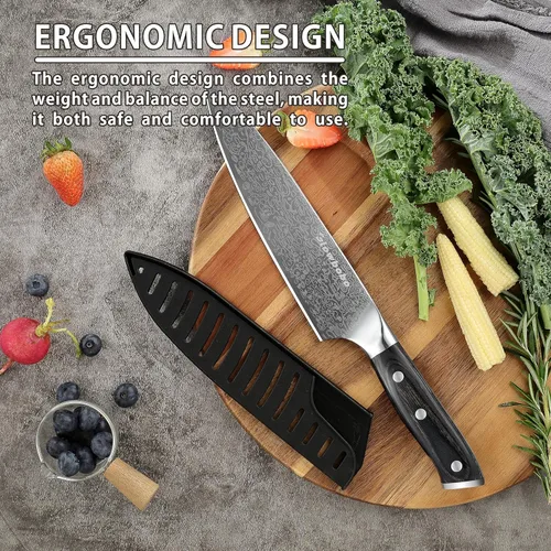 Vista 7 de Cuchillo de chef de 8 pulgadas, cuchillo de cocina de acero inoxidable de alto carbono con afilador y protector de dedos, cuchillo de cocina