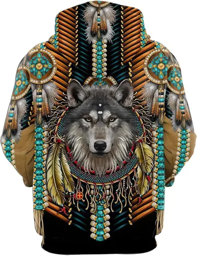 Vista 2 de Chiclook Cool Sudadera 3D Native Indian Wolf Unisex Casual Sudaderas con capucha
