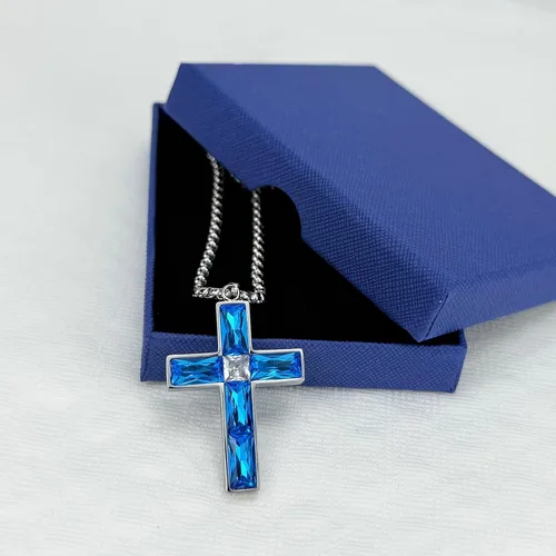 Vista 17 de Collar de cruz para hombre, piedras preciosas de color piedra natal de circonita cúbica, collar de acero inoxidable para hombre, cadena de 24