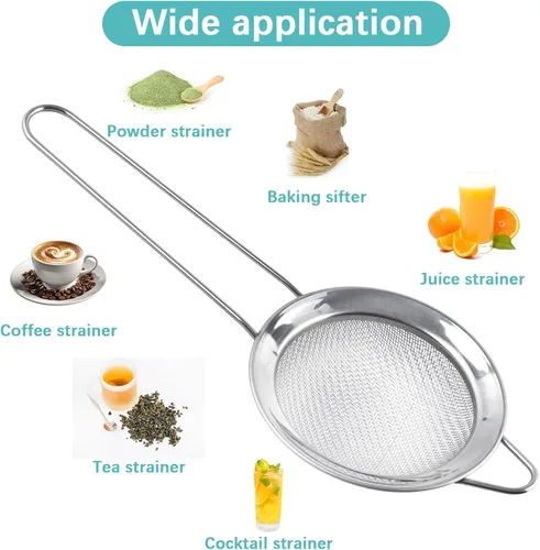 Vista 3 de 15 coladores pequeños de acero inoxidable, pequeño colador de té de malla fina, mini tamiz de acero inoxidable con asa, coladores de metal de cocina