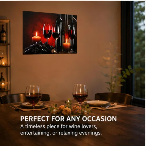 Vista 6 de Arte de pared LED de vino con luces, copas de vino tinto, velas y uvas, decoración de pared en lienzo iluminado, funciona con pilas, para colgar