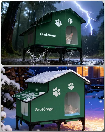Vista 7 de Gran casa de gatos climatizada al aire libre para múltiples gatos, refugio con techo de aguja aislada y resistente a la intemperie