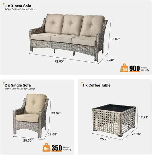 Vista 7 de ovios Muebles de patio al aire libre de 4 piezas con sofá de 3 asientos, juego de cubierta de mimbre de ratán con respaldo alto, sofá individual