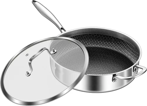 Vista 16 de DELARLO Sartén de tres capas de acero inoxidable de 10 pulgadas Sartén de freír profunda de 3QT con tapa Sartén de saltear con tapa Compatible